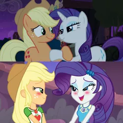 Size: 1080x1080 | Tagged: safe, derpibooru import, screencap, applejack, rarity, equestria girls, equestria girls series, made in manehattan, rollercoaster of friendship, blushing, comparison, context is for the weak, duo, female, geode of shielding, geode of super strength, just friends, out of context, shipping fuel