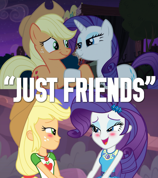 Size: 954x1078 | Tagged: safe, derpibooru import, edit, edited screencap, screencap, applejack, rarity, earth pony, pony, equestria girls, equestria girls series, made in manehattan, rollercoaster of friendship, blushing, caption, comparison, context is for the weak, duo, female, geode of shielding, geode of super strength, just friends, out of context, shipping fuel