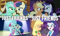Size: 1800x1080 | Tagged: safe, derpibooru import, edit, edited screencap, screencap, applejack, bon bon, lyra heartstrings, rarity, sweetie drops, equestria girls, equestria girls series, made in manehattan, rainbow rocks, rollercoaster of friendship, slice of life (episode), best friends, blushing, caption, comparison, context is for the weak, discovery family logo, female, just friends, lesbian, looking at each other, lyrabon, meta, out of context, rarijack, shipping, shipping fuel