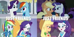 Size: 2160x1080 | Tagged: safe, derpibooru import, edit, edited screencap, screencap, applejack, rainbow dash, rarity, earth pony, pony, a fine line, equestria girls, equestria girls series, made in manehattan, rarity investigates, rollercoaster of friendship, best friends, blushing, caption, comparison, context is for the weak, duo, female, geode of shielding, geode of super strength, just friends, out of context, shipping fuel