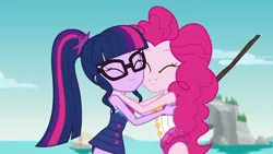 Size: 1280x720 | Tagged: safe, derpibooru import, screencap, pinkie pie, sci-twi, twilight sparkle, equestria girls, equestria girls series, friendship math, cheek squish, clothes, cute, duo, duo female, female, hug, squishy cheeks, swimsuit