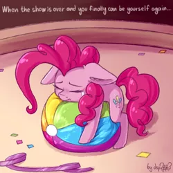 Size: 1024x1024 | Tagged: safe, artist:dsp2003, derpibooru import, pinkie pie, earth pony, pony, 30 minute art challenge, beach ball, comic, confetti, crying, depression, ear fluff, end of ponies, eyes closed, female, floppy ears, frown, harsher in hindsight, mare, prone, ribbon, sad, sad in hindsight, single panel, solo