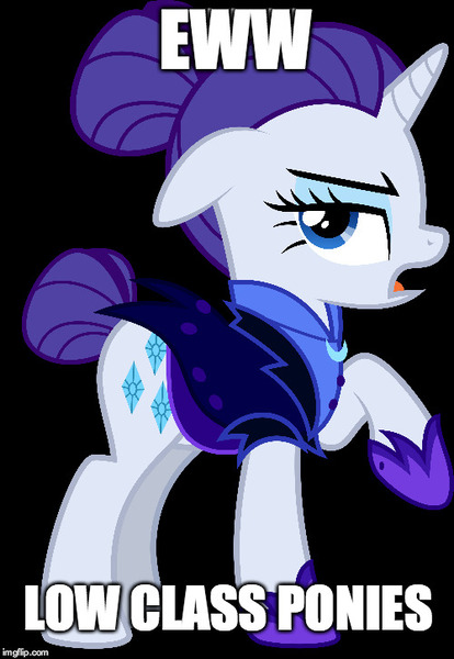 Size: 500x725 | Tagged: safe, derpibooru import, rarity, pony, unicorn, the cutie re-mark, alternate timeline, black background, classism, dialogue, disgusted, female, hoof shoes, image macro, mare, meme, night maid rarity, nightmare takeover timeline, raised hoof, simple background, snobby, solo