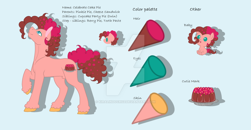 Size: 1024x532 | Tagged: safe, artist:kiralindocruz, derpibooru import, oc, oc:celebrate cake pie, unofficial characters only, earth pony, pony, baby, baby pony, blue background, deviantart watermark, male, offspring, parent:cheese sandwich, parent:pinkie pie, parents:cheesepie, raised hoof, reference sheet, simple background, solo, stallion, unshorn fetlocks, watermark