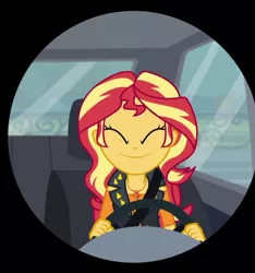 Size: 672x718 | Tagged: safe, derpibooru import, screencap, sunset shimmer, driving miss shimmer, equestria girls, equestria girls series, car, cropped, cute, eyes closed, geode of empathy, iris out, shimmerbetes, smiling