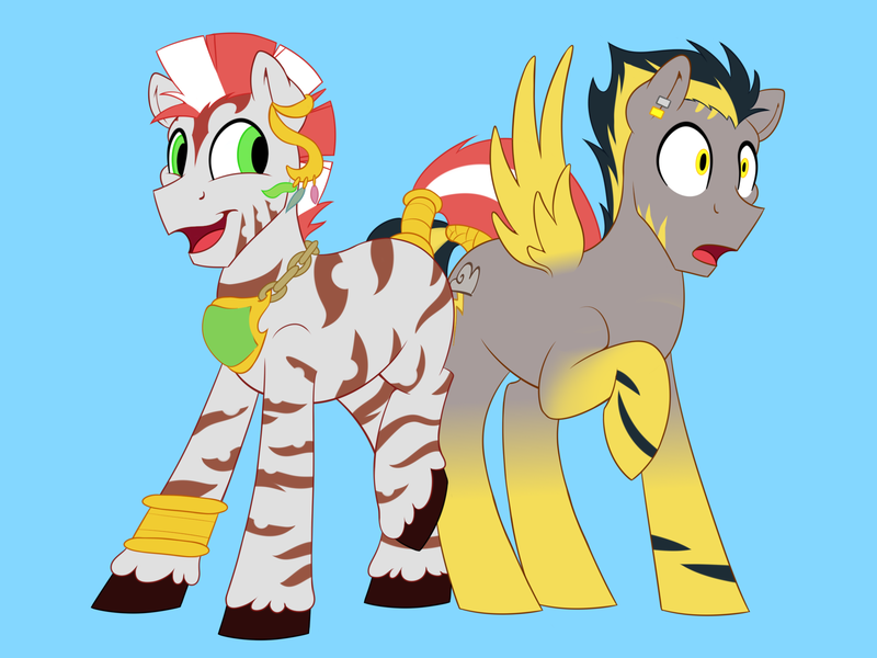 Size: 2000x1500 | Tagged: artist:timidwithapen, butt bump, butt to butt, butt touch, derpibooru import, gay, hybrid, male, oc, oc:eirjan, oc:thunder, safe, zebra, zebra oc, zony