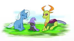 Size: 1800x1000 | Tagged: safe, artist:eulicious, derpibooru import, thorax, trixie, oc, oc:prince thurston, changedling, changeling, changepony, hybrid, pony, cape, clothes, digital art, eyes closed, family, female, grass, hat, interspecies offspring, king thorax, laughing, male, mare, next generation, offspring, parent:thorax, parent:trixie, parents:thoraxie, shipping, straight, thoraxie, trio, trixie's cape, trixie's hat
