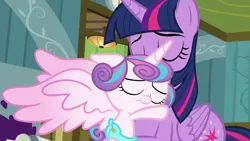 Size: 1280x720 | Tagged: safe, derpibooru import, screencap, princess flurry heart, twilight sparkle, twilight sparkle (alicorn), alicorn, pony, a flurry of emotions, baby, baby pony, cloth diaper, cute, dawwww, diaper, eyes closed, forgiveness, happy, hug, light pink diaper, ponyville hospital, safety pin, smiling, spread wings, wings