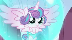 Size: 1024x576 | Tagged: safe, derpibooru import, screencap, princess flurry heart, alicorn, pony, the crystalling, about to cry, baby, baby alicorn, baby flurry heart, baby pony, bubble, cloth diaper, crying, cute, dawwww, diaper, diapered, diapered filly, female, filly, foal, force field, infant, light pink diaper, sad, sad eyes, safety pin, solo, spread wings, teary eyes, weapons-grade cute, wings