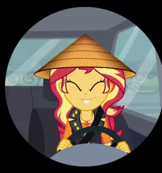 Size: 672x718 | Tagged: safe, deleted from derpibooru, derpibooru import, edit, edited screencap, screencap, sunset shimmer, human, driving miss shimmer, equestria girls, equestria girls series, bootleg, car, clothes, conical hat, cropped, doppleganger, driving, female, hat, racism, that's racist