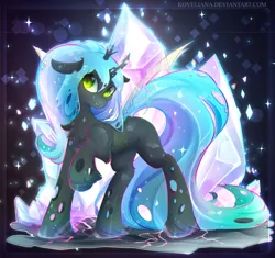 Size: 2307x2167 | Tagged: safe, artist:koveliana, derpibooru import, queen chrysalis, ponified, changeling, crystal pony, pony, alternate hairstyle, chest fluff, crystal, crystallized, female, looking at you, mare, ponytail, smiling, solo, species swap