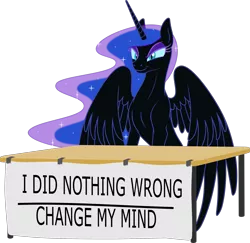 Size: 2337x2272 | Tagged: safe, artist:grypher, derpibooru import, nightmare moon, alicorn, pony, change my mind, ethereal mane, female, hitler did nothing wrong, mare, missing accessory, simple background, sitting, smiling, smirk, solo, starry mane, steven crowder, table, transparent background, vector
