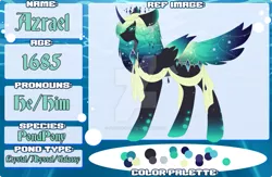 Size: 1023x669 | Tagged: safe, artist:flower-quil, derpibooru import, oc, oc:azrael, unofficial characters only, alicorn, original species, pond pony, pony, abstract background, alicorn oc, black sclera, closed species, colored wings, curved horn, digital art, glare, gradient hair, gradient mane, gradient wings, horn, lidded eyes, male, reference sheet, sash, solo, stallion, starry mane, starry wings, tail feathers, text