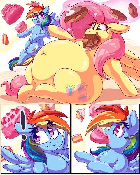 Size: 4800x6000 | Tagged: suggestive, artist:graphenescloset, derpibooru import, fluttershy, rainbow dash, pegasus, pony, series:dash and flutters weight gain drive, absurd resolution, adorafatty, belly, belly button, big belly, cake, chubby, comic, cute, duo, duo female, eclair, exclamation point, eye clipping through hair, fat, fattershy, female, fetish, floppy ears, food, force feeding, incentive drive, magic, magic aura, note expansion, shyabetes, spread wings, stuffing, underhoof, wavy mouth, weight gain, wings