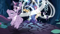 Size: 1280x720 | Tagged: alicorn, clone, clone six, derpibooru import, evil rainbow dash, mean applejack, mean fluttershy, mean pinkie pie, mean rainbow dash, mean rarity, mean six, mean twilight sparkle, safe, screencap, the mean 6, tree of harmony, wings