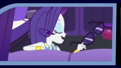 Size: 1280x720 | Tagged: safe, derpibooru import, screencap, rarity, driving miss shimmer, equestria girls, equestria girls series, driving miss shimmer: rarity, eyes closed, eyeshadow, limousine, makeup, solo, sunglasses