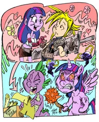 Size: 1024x1258 | Tagged: semi-grimdark, artist:grotezco, derpibooru import, spike, twilight sparkle, twilight sparkle (alicorn), alicorn, fanfic, equestria girls, breasts, cloud, cloud strife, crossover, final fantasy, final fantasy vii, laughing, mace, rage, romance, this will end in pain, weapon