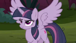 Size: 1280x720 | Tagged: safe, derpibooru import, screencap, mean twilight sparkle, alicorn, pony, the mean 6, clone, everfree forest, female, mare, smug, spread wings, wings