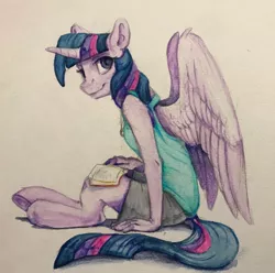Size: 1280x1268 | Tagged: alicorn, anthro, artist:silfoe, book, clothes, derpibooru import, female, horn, looking at you, safe, shirt, shorts, solo, traditional art, twilight sparkle, twilight sparkle (alicorn), underhoof, unguligrade anthro, wings