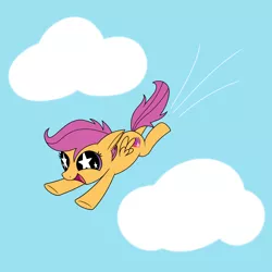 Size: 2500x2500 | Tagged: safe, artist:silver dash, derpibooru import, scootaloo, pegasus, pony, atg 2018, cloud, cute, flying, happy, newbie artist training grounds, scootaloo can fly, simple background, sky, starry eyes, wingding eyes