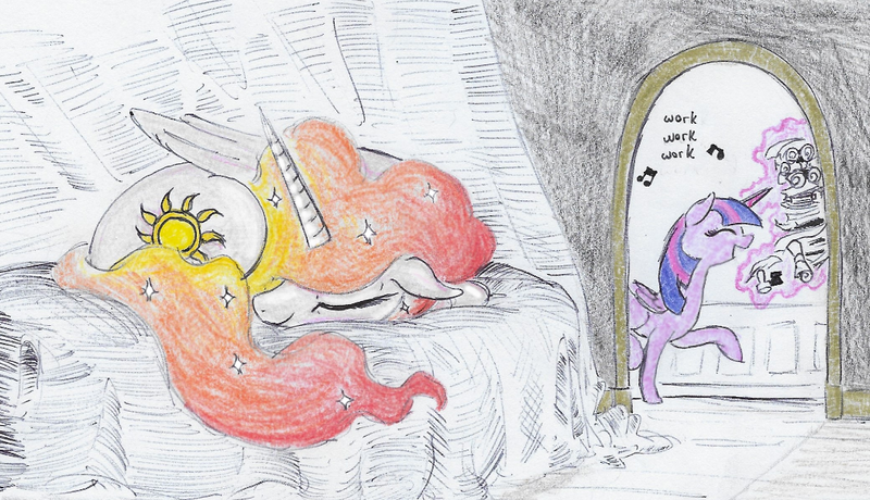 Size: 1053x606 | Tagged: alicorn, alternate hairstyle, artist:t72b, bed, bedroom, curled up, derpibooru import, levitation, magic, newbie artist training grounds, princess celestia, safe, singing, sleeping, telekinesis, traditional art, trotting, twilight sparkle, twilight sparkle (alicorn)