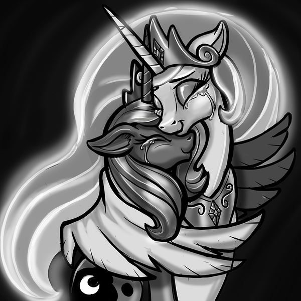 Size: 1000x1000 | Tagged: safe, artist:harwick, derpibooru import, princess celestia, princess luna, alicorn, pony, black background, crying, duo, eyes closed, female, hug, mare, monochrome, peytral, regalia, reunion, royal sisters, s1 luna, simple background, sisters, smiling, winghug