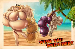 Size: 1600x1038 | Tagged: alicorn, alicorn oc, anthro, anthro oc, armpits, artist:mrkashkiet, beach, big breasts, bikini, breasts, clothes, derpibooru import, group photo, hat, huge breasts, hyper, hyper breasts, imminent wardrobe malfunction, impossibly large breasts, oc, oc:disynomia, oc:eunomia, postcard, questionable, retro, straw hat, summer, swimsuit, tight clothing, unguligrade anthro, unofficial characters only, useless clothing