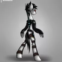 Size: 3500x3500 | Tagged: artist:shido-tara, artist:shidotara, bionic arm, bipedal, cyborg, derpibooru import, gray, gray background, hand, male, oc, red eyes, safe, simple background, solo, unofficial characters only, watching in camera