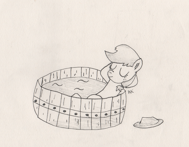 Size: 2500x1945 | Tagged: applejack, artist:krafty kitsune, atg 2018, barrel, derpibooru import, hat, newbie artist training grounds, relaxing, safe, traditional art