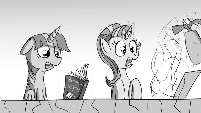 Size: 1920x1080 | Tagged: safe, artist:konyjay, artist:krash42, derpibooru import, starlight glimmer, twilight sparkle, twilight sparkle (alicorn), alicorn, pony, unicorn, black and white, book, female, grayscale, levitation, magic, magic aura, mare, monochrome, open mouth, simple background, telekinesis