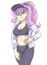 Size: 2338x3248 | Tagged: safe, artist:sumin6301, derpibooru import, fluttershy, equestria girls, adorasexy, alternate hairstyle, belly button, clothes, cute, earbuds, female, hoodie, midriff, ponytail, sexy, shyabetes, simple background, smiling, solo, sports bra, white background