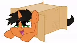 Size: 852x480 | Tagged: safe, artist:king-franchesco, derpibooru import, oc, oc:king franchesco, unofficial characters only, pony, unicorn, box, cute, hooves, horn, lying down, male, open mouth, pony in a box, simple background, solo, stallion, white background