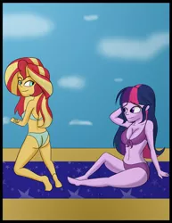 Size: 2550x3300 | Tagged: suggestive, artist:diaperednight, derpibooru import, sci-twi, sunset shimmer, twilight sparkle, equestria girls, beach, beach towel, bikini, breasts, bunset shimmer, busty twilight sparkle, clothes, female, lesbian, sand, scitwishimmer, shipping, sky, sunsetsparkle, swimsuit