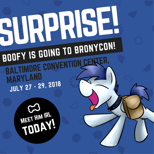 Size: 530x530 | Tagged: safe, artist:sugar morning, derpibooru import, oc, oc:slipstream, unofficial characters only, pony, bronycon, bronycon 2018, announcement, bag, boof, boofy, boofy is a good boy, collar, poster, solo, spiked collar, walking