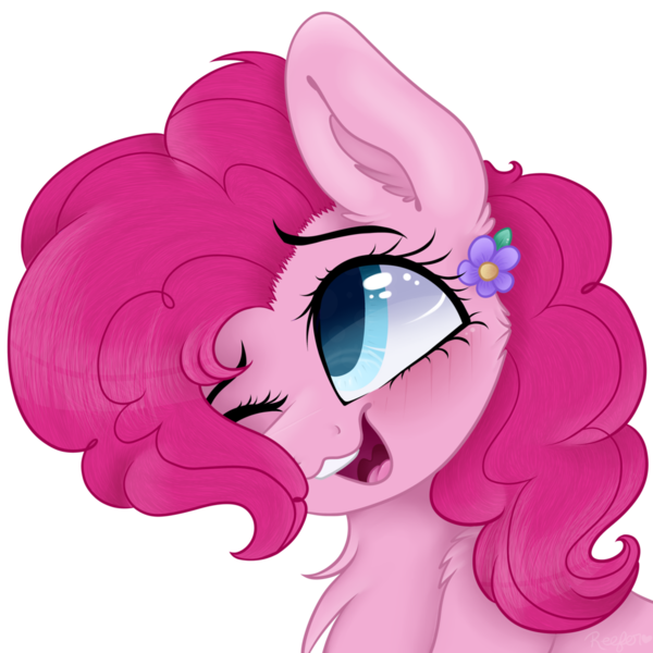 Size: 1024x1024 | Tagged: safe, artist:_spacemonkeyz_, derpibooru import, pinkie pie, earth pony, pony, bust, cheek fluff, chest fluff, cute, diapinkes, ear fluff, female, flower, flower in hair, fluffy, hair over one eye, mare, one eye closed, open mouth, portrait, shoulder fluff, simple background, solo, transparent background