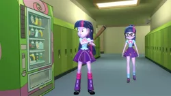Size: 1920x1080 | Tagged: safe, artist:fivefreddy, derpibooru import, sci-twi, twilight sparkle, equestria girls, equestria girls series, 3d, angry, baseball bat, bowtie, clothes, glasses, gmod, human paradox, leg warmers, lockers, self paradox, shoes, skirt, sneakers, twolight, vending machine