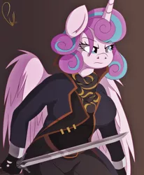 Size: 2474x3000 | Tagged: alicorn, alternate hairstyle, anthro, artist:phyll, breasts, busty flurry heart, derpibooru import, dishonored, emily kaldwin, empress, horn, older, princess flurry heart, royalty, safe, solo, sword, video game, weapon, wings