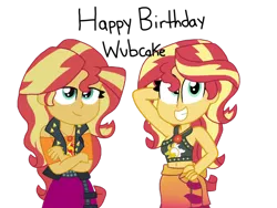 Size: 1024x768 | Tagged: safe, artist:katevelasco, derpibooru import, sunset shimmer, equestria girls, equestria girls series, belly button, bikini, clothes, geode of empathy, grin, human paradox, jacket, leather, leather jacket, sarong, self paradox, simple background, skirt, smiling, swimsuit, towel, transparent background