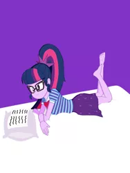 Size: 1024x1365 | Tagged: dead source, safe, artist:brick588, derpibooru import, sci-twi, twilight sparkle, equestria girls, equestria girls series, barefoot, bed, book, bowtie, clothes, feet, feet up, foot focus, glasses, pillow, ponytail, prone, reading, skirt, solo, the pose