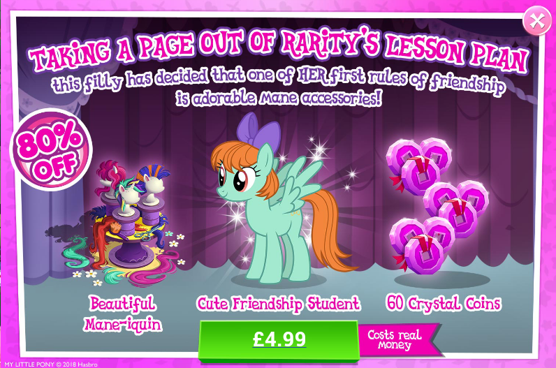 Size: 796x527 | Tagged: safe, derpibooru import, official, peppermint goldylinks, pegasus, pony, school daze, advertisement, background pony, bow, coin, costs real money, female, friendship student, gameloft, hair bow, mannequin, mare, punk, raripunk, sale