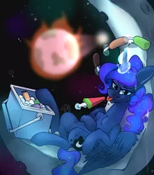 Size: 1500x1700 | Tagged: safe, artist:passigcamel, derpibooru import, princess luna, alicorn, pony, cooler, crescent moon, earth, female, fire, food, glowing horn, magic, mare, moon, popsicle, solo, tangible heavenly object, transparent moon