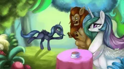 Size: 2100x1180 | Tagged: alicorn, artist:colochenni, derpibooru import, everfree forest, food, journal of the two sisters, manticore, melvin (character), princess celestia, princess luna, safe, table, tablecloth, tea, tree