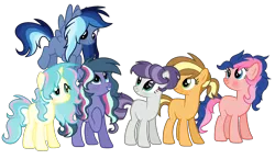 Size: 2496x1448 | Tagged: safe, artist:thesmall-artist, derpibooru import, oc, oc:apple donut, oc:aqua smooth, oc:candy star, oc:diamond sticks, oc:flower shield, oc:neon light, unofficial characters only, earth pony, pegasus, pony, unicorn, base used, female, magical lesbian spawn, mare, offspring, parent:applejack, parent:donut joe, parent:flash sentry, parent:fluttershy, parent:mud briar, parent:pinkie pie, parent:princess luna, parent:rainbow dash, parent:rarity, parent:shining armor, parent:sky stinger, parent:twilight sparkle, parents:applejoe, parents:flutterarmor, parents:lunadash, parents:pinkiesentry, parents:raribriar, parents:twisky, simple background, transparent background