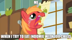 Size: 888x499 | Tagged: safe, derpibooru import, edit, edited screencap, screencap, big macintosh, earth pony, pony, the break up breakdown, chili, crying, freckles, hot, image macro, indomie, meme, screaming, spicy