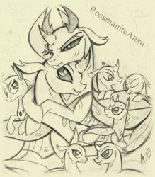 Size: 1639x1875 | Tagged: artist:rossmaniteanzu, brotherly love, brothers, changedling, changedling brothers, changeling, cuddling, derpibooru import, hug, king thorax, lying down, male, monochrome, papa thorax, pencil drawing, pharynx, prince pharynx, safe, sleeping, smiling, thorax, traditional art, tsundere