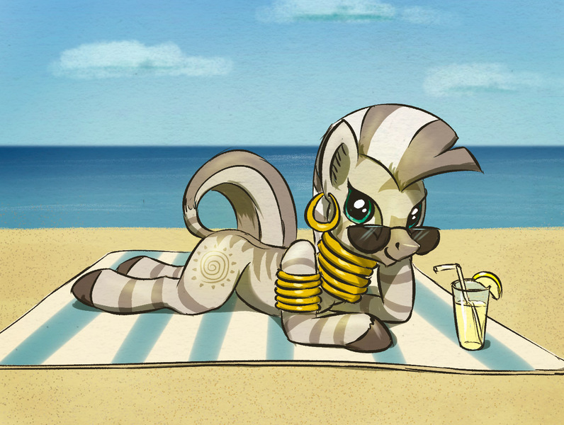 Size: 1265x953 | Tagged: safe, artist:el-yeguero, derpibooru import, zecora, zebra, beach, beach blanket, beach towel, cloud, cute, drink, ear piercing, earring, female, jewelry, looking at you, lying down, mare, neck rings, ocean, outdoors, piercing, prone, sky, smiling, smiling at you, solo, sunglasses, towel, water, zecorable