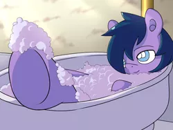 Size: 1600x1200 | Tagged: artist:netixart, bath, bathtub, derpibooru import, foam, oc, safe, smiling, soap, solo, suds, underhoof