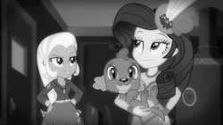 Size: 2048x1149 | Tagged: safe, derpibooru import, screencap, rarity, spike, spike the regular dog, trixie, dog, equestria girls, equestria girls series, rarity investigates: the case of the bedazzled boot, clothes, detective rarity, hoodie, monochrome, noir, rarity investigates (eqg): trixie
