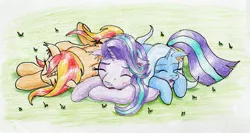 Size: 3419x1820 | Tagged: safe, artist:40kponyguy, derpibooru import, starlight glimmer, sunset shimmer, trixie, unicorn, counterparts, cuddle puddle, cuddling, cute, ear fluff, floppy ears, grass, magical trio, pony pile, sleeping, traditional art, twilight's counterparts