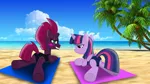 Size: 4229x2379 | Tagged: alicorn, artist:ejlightning007arts, beach, blushing, clothes, derpibooru import, one-piece swimsuit, palm tree, safe, swimsuit, tempest shadow, tree, twilight sparkle, twilight sparkle (alicorn)